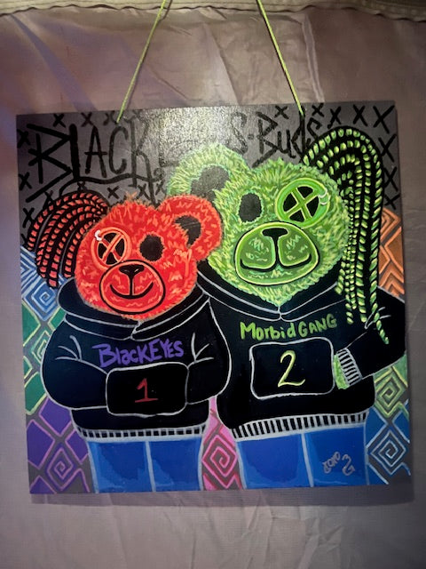 Black Eyes Buds One of a Kind painting on wooden sign by THREE of Black eyes