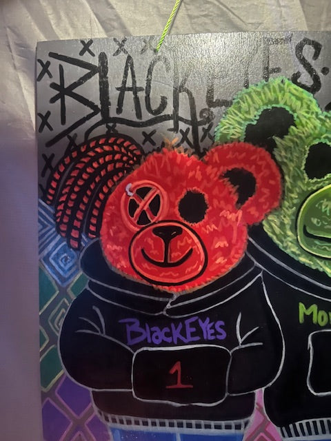 Black Eyes Buds One of a Kind painting on wooden sign by THREE of Black eyes