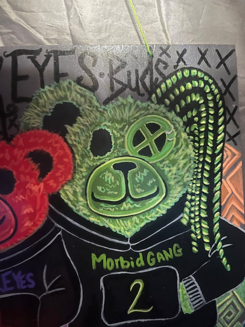 Black Eyes Buds One of a Kind painting on wooden sign by THREE of Black eyes