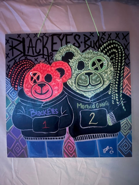 Black Eyes Buds One of a Kind painting on wooden sign by THREE of Black eyes