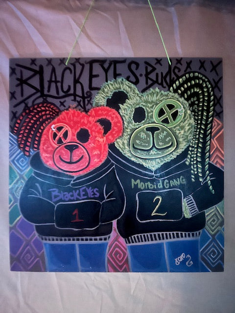 Black Eyes Buds One of a Kind painting on wooden sign by THREE of Black eyes